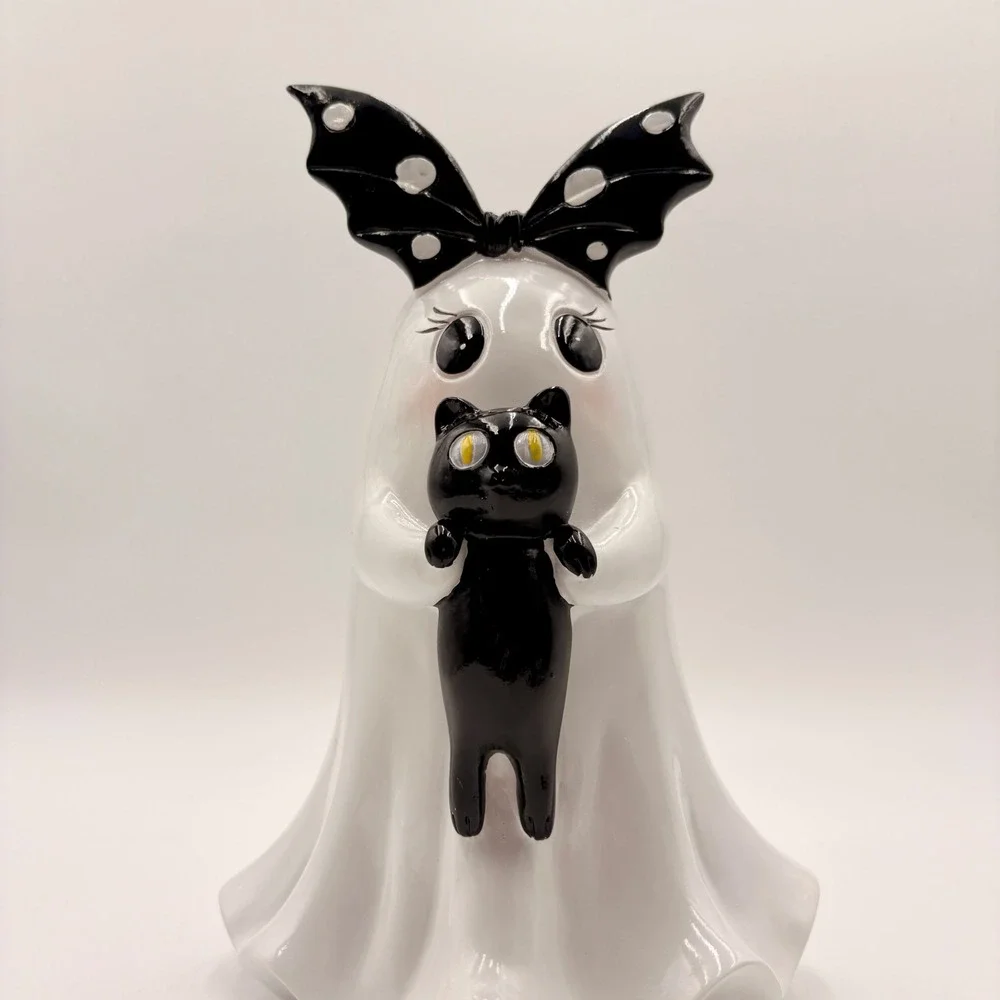 Halloween Ghost Figurine with Black Cat and Bat Wing Bow Decor